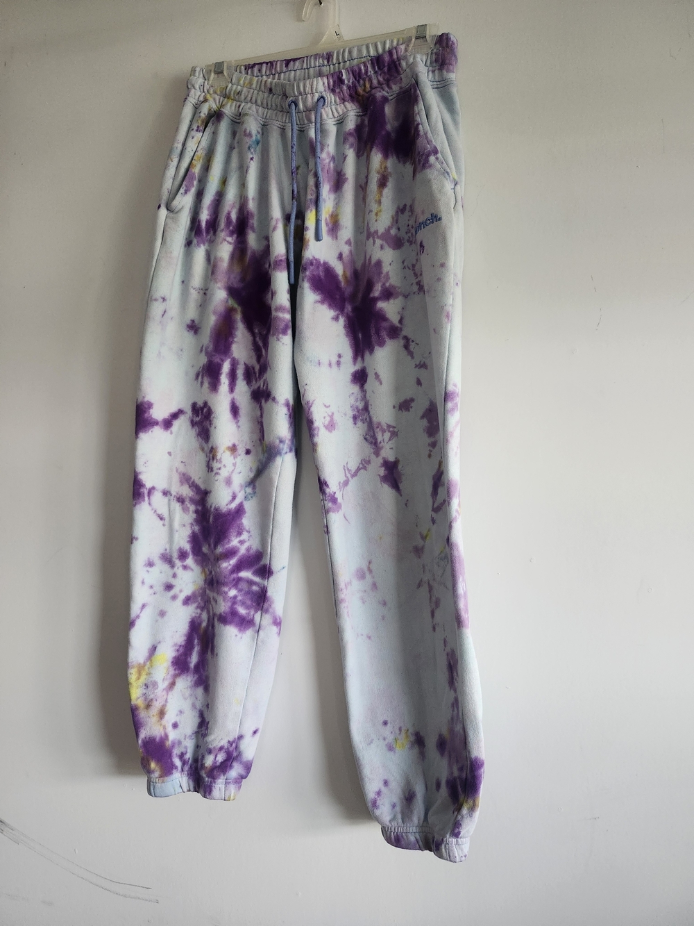 Hand Tie Dyed Bench Sweatpants Medium | Purple Yellow Blue 80% Cotton Joggers